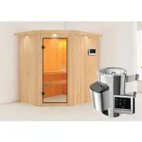 Karibu Sauna Innensauna Saja Eckeinstieg Ofen 3,6 kW externe Strg.easy 196x151x198 cm ohne Dachkranz mit Bronzierter Tür