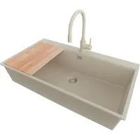 PrimaGran Granitspüle Beige 88x50cm, Spülbecken 1 Becken + Küchenarmatur 38x14cm + Ablauf-Set + Schneidebrett, Küchenspüle ab 90er Unterschrank - Oslo