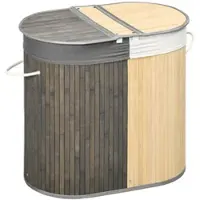 HOMCOM 100 L Wäschekorb mit Deckel, Griff, 2 Abschnitte, herausnehmbarer Wäschesack, für Schlafzimmer, Bambus Grau+Natur