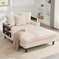 OKWISH Schlafsofa Cord-Liegesessel mit LED und Getränkehalter, 1-Sitzer-Sofa mit USB und Stauraum, Wohnzimmersofa in Beige
