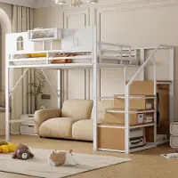Sweiko Metall-Hochbett 140 x 200 cm, Mit Stauraumleiter, Fenster, Holzplatten und Netzgewebe, Einzigartige Erhöhte Umzäunung, Ablagefläche Am Bett, Stabiler Metallrahmen, Weiß