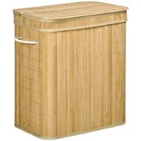 OKWISH Wäschekorb aus Bambus Naturholz mit Deckel, 2 Fächern und 90 l, 54,2 x 35,2 x 59,5 cm