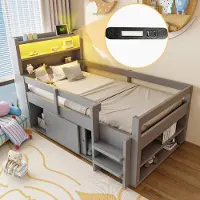 MODFU Kinderbett 90 x 200 mit Schutzgitter,Multifunktionsbett mit Ablageflächen,Stauschränke und Staufächern,Jugendbett mit LED & USB-Anschluss,ohne Matratze,Grau