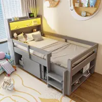 Merax Holzbett Kinderbett 90x200 cm mit LED Beleuchtung und Schiebetüren, Multifunktionsbett mit USB, Hochbett Einzelbett mit Staufächern, Grau
