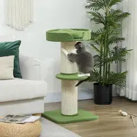 SUGIFT Kratzbaum mit Katzenbett, Plattform Wolle, Spielbaum Grün | 45 x 45 x 91 cm | Spanplatte | extra dicke Pfosten Ø 16,5 cm
