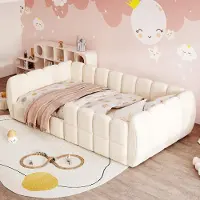 MODFU Polsterbett 90x200 Kinderbett mit Komplett geschlossenes Design,Jugendbett mit Niedriges und Abgerundete Form,Ohne Matratze,Beige