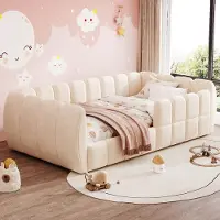 Flieks Kinderbett 90x200cm mit Rausfallschutz, Polsterbett Einzelbett mit Lattenrost, Tagesbett Jugendbett für Kinder- und Jugendzimmer, Samt, Beige