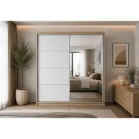INTER-M Schwebetürenschrank OLA 35 Sonoma-Eiche Weiß, Kleiderschrank mit Spiegel, 203 cm, 2 Türen, 3 Schubladen