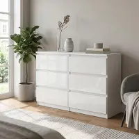 Masseno Kommode NUDO 138,5 cm Sideboard mit 6 Schubladen und Türen für Wohnzimmer Schlafzimmer Modern 138,5x39x78,5 cm Weiß / Weiß