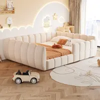 SUCCESS COURIER Polsterbett 140x200 cm Kinderbett Bodenbett Samt mit Lattenrost Komplett Geschlossen Geräuschlos Modernes Jugendbett Staubfrei Beige (Ohne Matratze)