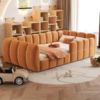 OKWISH Kinderbett 90×200 mit Sicherheitsgeländer, Bodenbett abgerundetes Design, Einzelbett Samtbezug,Orange,ohne Matratze