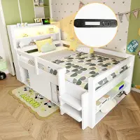 OKWISH Einzelbett 90×200 mit Matratze und Schrank mit Schiebetüren, Kinderbett mit USB und LED-Beleuchtung, Holzbett Weiß