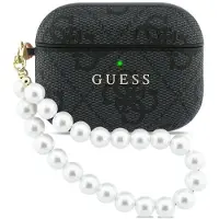 GUESS Hülle Case AirPods Pro 3 Kunstleder grau Logo goldfarben mit Kette