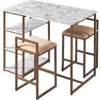 Teamson Home Marmo 3-Stücke Frühstücks-Ess-Set, Bartisch und 2 Gepolsterte Hocker mit Stauraum, Tischplatte aus Weißem Marmor und Beine in Gold-Messing-Finish
