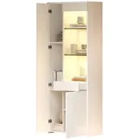 MODFU Vitrine 70x35x180 cm LED Wohnzimmerschrank Glasfront Hochglanz Aufbewahrungsschrank mit Schublade Weiß