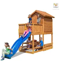 Fungoo Spielturm "My House Free Time Beach" teak mit Picknicktisch, Sandkastenabdeckung, Rutsche Haus mit Holzdach