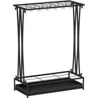 STILVORA Schirmständer Stahl schwarz 50x24x68 cm mit 21 Halterungen, 24 Haken und Auffangschale
