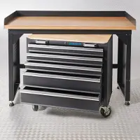 Datona Werkbank mit Arbeitsplatte aus Eiche - 150 cm, schwarz und Werkzeugwagen mit 5 Schubladen