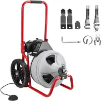 Vevor Rohrreinigungsmaschine φ9,5 mm x 22 m, Reinigungsspirale mit Manueller Zufuhr, 6 Schneidwerkzeugen & Pneumatischem Fußschalter, Rohrreiniger für Rohrdurchmesser von 50 mm bis 100 mm