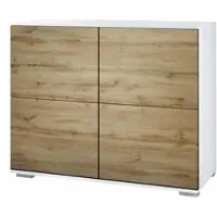 Vladon Kommode Rova V3, Moderner Küchenschrank mit 4 Push-to-Open Türen Weiß matt / Eiche Wotan (92,5 x 75.5 x 35)