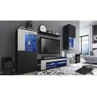 Vladon Wohnwand Movie, Anbauwand bestehend aus 1 TV-Board, 2 Vitrinen und 1 Regal, Schwarz matt/Schwarz matt/Beton Oxid-Optik, inkl. LED-Beleuchtung blau (Gesamt: 300 x 190 x 39 cm)