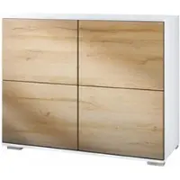 Vladon Kommode Rova V3, Moderner Küchenschrank mit 4 Push-to-Open Türen Weiß matt / Eiche Natur (92,5 x 75.5 x 35)