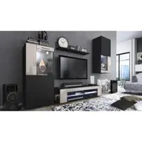 Vladon Wohnwand Movie, Anbauwand bestehend aus 1 TV-Board, 2 Vitrinen und 1 Regal, Schwarz matt/Schwarz matt/Sandgrau Hochglanz, inkl. LED-Beleuchtung weiß (Gesamt: 300 x 190 x 39 cm)