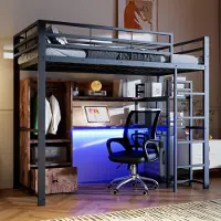 Sweiko Hochbett, 90 x 200cm , Metallbett, Mit LED-Leuchten, Schreibtisch, 1 Schubladen, Regale, Geländer, Treppe, ohne Matratze, EN747 , Schwarz