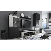 Vladon Wohnwand Movie, Anbauwand bestehend aus 1 TV-Board, 2 Vitrinen und 1 Regal, Schwarz matt/Schwarz matt/Beton Oxid-Optik (Gesamt: 300 x 190 x 39 cm)