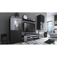 Vladon Wohnwand Movie, Anbauwand bestehend aus 1 TV-Board, 2 Vitrinen und 1 Regal, Schwarz matt/Schwarz matt/Avola-Anthrazit, inkl. LED-Beleuchtung weiß (Gesamt: 300 x 190 x 39 cm)