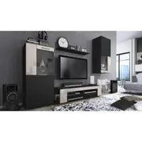 Vladon Wohnwand Movie, Anbauwand bestehend aus 1 TV-Board, 2 Vitrinen und 1 Regal, Schwarz matt/Schwarz matt/Sandgrau Hochglanz (Gesamt: 300 x 190 x 39 cm)