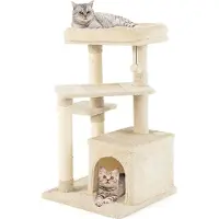 Costway Kratzbaum 85cm, Katzenbaum mit Katzenhöhle, weicher Sitzfläche, Ball & Sisalpfosten, Katzen Katzenmöbel Kletterbaum Holz Beige