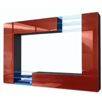 Vladon Wohnwand Mirage, Germany, Anbauwand mit Rückwand mit 2 Türen, 2 Klappen und 6 offenen Glasablagen, Schwarz matt/Bordeaux Hochglanz, inkl. LED-Beleuchtung (262 x 183 x 39 cm)