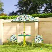SUGIFT Kinder Gartenmöbel-Set mit Sonnenschirm, Dschungel-Design, Campingset faltbar, Grün | 49,5x49,5x50 cm | 2 Stühle + Tisch | Stahl & Polyester