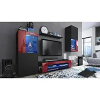 Vladon Wohnwand Movie, Anbauwand bestehend aus 1 TV-Board, 2 Vitrinen und 1 Regal, Schwarz matt/Schwarz matt/Bordeaux Hochglanz, inkl. LED-Beleuchtung blau (Gesamt: 300 x 190 x 39 cm)