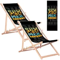 Greenblue 2x Liegestuhl aus Buchenholz für Strand und Garten mit „Summer“-Aufdruck