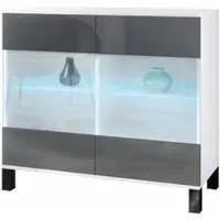 Vladon Kommode Bari V3, Moderner Küchenschrank mit 2 großen Glastüren inkl. RGB Beleuchtung Weiß matt / Grau Hochglanz (92,5 x 84.5 x 35)
