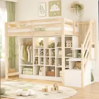 MODFU Hochbett 90x200 Einzelbett mit Stauraumregale und integrierter Kleiderschrank Jugendbett mit LED-Beleuchtung,mit Matratze,Natur+Weiß