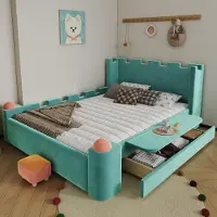 MODFU Jugendbett 140x200 mit Stauraum-Schublade,Kinderbett mit klappbarer Seitenablage,Polsterbett im Burg-Design,Samt,ohne Matratze,Blaugrün