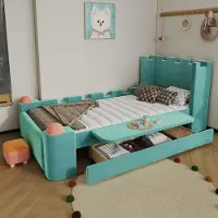 OKWISH Kinderbett 90×200 mit Schubladen und klappbarer Seitenablage, Polsterbett Weiche Antikonllisions-Katen, Einzelbett in Blaugrün,ohne Matratze