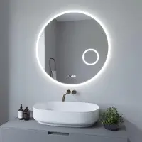Aquabatos runder LED-Badezimmerspiegel 80 cm Badezimmerspiegel mit LED-Beleuchtung, runder Wandspiegel | Kaltweiß 6400K, beschlagfrei, dimmbarer Touch-Schalter, Digitaluhr, 3-fache Lupe