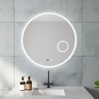 Aquabatos Runder LED Badspiegel 80cm Uhr Rundspiegel mit hinterleuchteter Beleuchtung und integrierten Kosmetikspiegel mit 3-facher Vergrößerung Antibeschlag Touch Schalter Dimmbar Kaltweiß 6400K Wandschalter