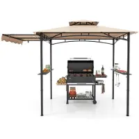 Costway Grillpavillon mit Seitenmarkise, Doppeldach, 2 Seitenregalen & Haken, Gartenpavillon Grillüberdachung wetterfest 318x153x250cm Beige