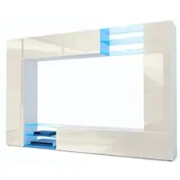 Vladon Wohnwand Mirage, Germany, Anbauwand mit Rückwand mit 2 Türen, 2 Klappen und 6 offenen Glasablagen, Weiß matt/Creme Hochglanz, inkl. LED-Beleuchtung (262 x 183 x 39 cm)