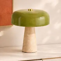 LumenXL Tischlampe Sento mit grünem Glas und Travertin (Naturstein)