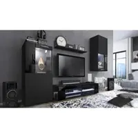 Vladon Wohnwand Movie, Anbauwand bestehend aus 1 TV-Board, 2 Vitrinen und 1 Regal, Schwarz matt/Schwarz matt/Schwarz Hochglanz, inkl. LED-Beleuchtung weiß (Gesamt: 300 x 190 x 39 cm)