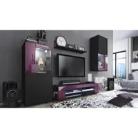 Vladon Wohnwand Movie, Anbauwand bestehend aus 1 TV-Board, 2 Vitrinen und 1 Regal, Schwarz matt/Schwarz matt/Brombeer Hochglanz, inkl. LED-Beleuchtung in Weiß (Gesamt: 300 x 190 x 39 cm)