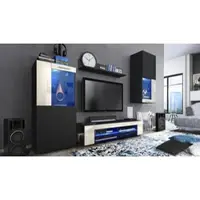 Vladon Wohnwand Movie, Anbauwand bestehend aus 1 TV-Board, 2 Vitrinen und 1 Regal, Schwarz matt/Schwarz matt/Creme Hochglanz, inkl. LED-Beleuchtung blau (Gesamt: 300 x 190 x 39 cm)