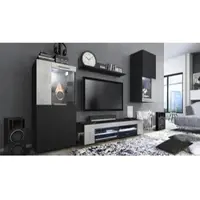 Vladon Wohnwand Movie, Anbauwand bestehend aus 1 TV-Board, 2 Vitrinen und 1 Regal, Schwarz matt/Schwarz matt/Beton Oxid-Optik, inkl. LED-Beleuchtung weiß (Gesamt: 300 x 190 x 39 cm)