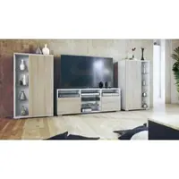 Vladon Wohnwand Davos, Anbauwand bestehend aus 2 Vitrinen und 1 TV-Board, Weiß matt/Eiche sägerau (329 x 134 x 35 cm)